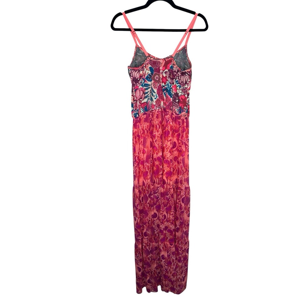 Maaji Maxi Dress Large Pink Mixed Print Lace Detail Boho Tiered Spaghetti Strap - Picture 4 of 10